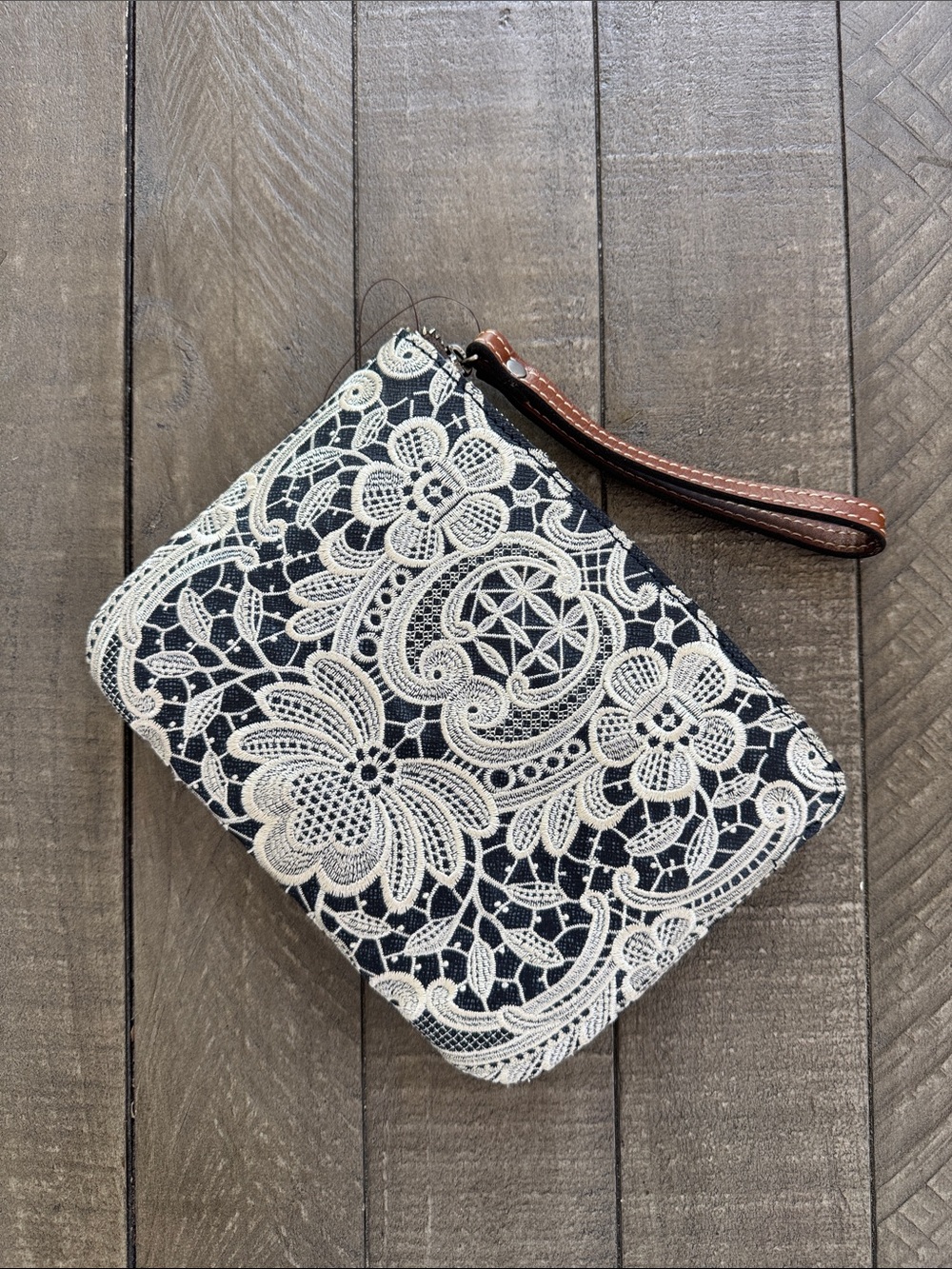 Patricia Nash Navy Clutch with Cream Lace Overlay